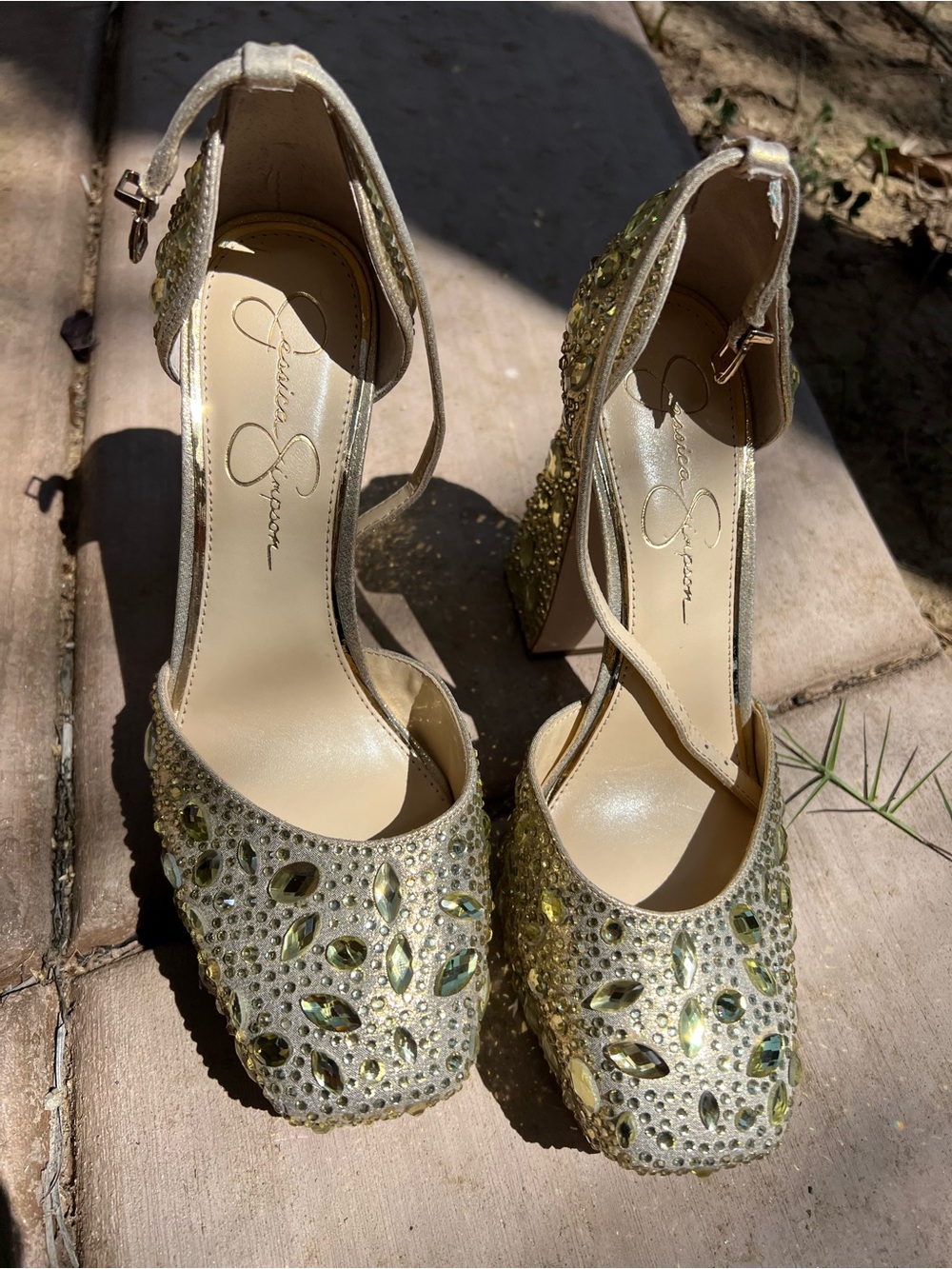 Jessica Simpson Gold Jeweled Ankle-Strap Platform Heels
